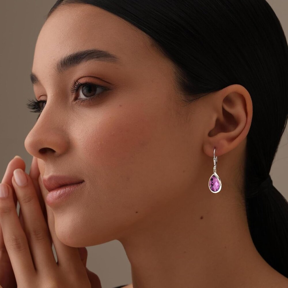 Women's Sterling Silver Drop Created Birthstone Leverback Purple Earring - Picture 2 of 6